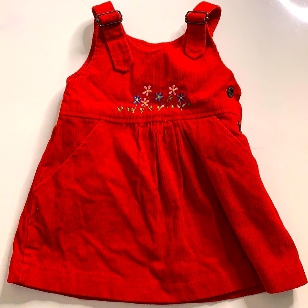 Vintage red corduroy girls jumper dress Embroidered flowers size 2